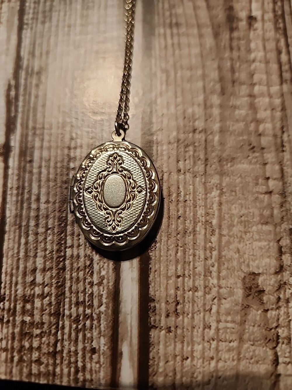Silvertone Locket Necklace With Decorative Engraving - Picture 3 of 5